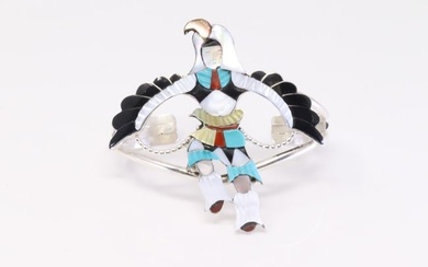 Native America Zuni Sterling Silver Multi-Color Stone Inlay Eagle Dancer Bracelet By Jonathan