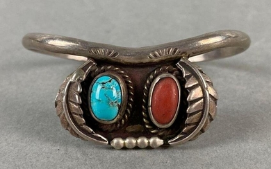 Native American Sterling Silver Turquoise and Coral Bracelet