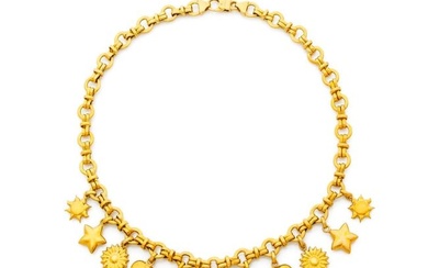 Necklace in 18k yellow gold (750‰) with fancy links holding eleven charms (sun, star, daisy