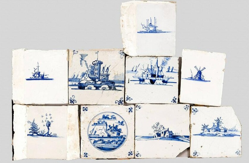 Nine various 18th century Dutch wall tiles. Damages.