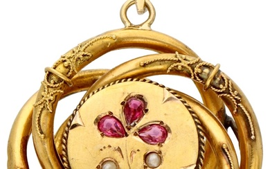 No Reserve - 14K Yellow gold antique pendant set with coloured stones and imitation seed...
