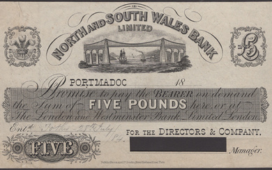 North & South Wales Bank Ltd, Portmadoc, proof on paper for £5,...