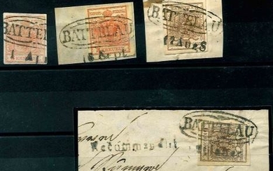 Ö Ausgabe 1850 Briefstück/gestempelt - "BATTELAU"Ovalstempel der Vorphilatelie auf 4 Freimarken