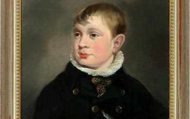 OIL ON CANVAS PORTRAIT OF A BOY WITH A QUIL PEN
