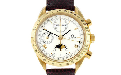 OMEGA - an 18ct yellow gold Speedmaster Moonphase Calendar chronograph wrist watch, 39mm.
