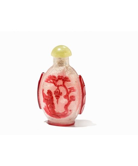 OVERLAY GLASS SNUFF BOTTLE WITH LOTUS POND, QING...