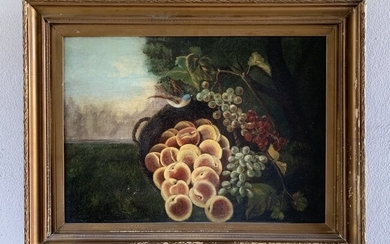 Oil on Board - Still Life "Fruits with Bird" Painting