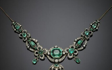 Old mine diamond and variously cut emerald silver and