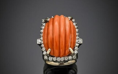 Orange grooved coral and diamond white gold ring, g