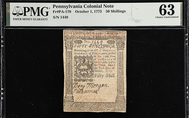 PA-170. Pennsylvania. October 1, 1773. 50 Shillings. PMG Choice Uncirculated 63.