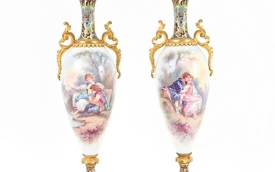 PAIR 19TH C. SEVRES STYLE MOUNTED PORCELAIN URNS