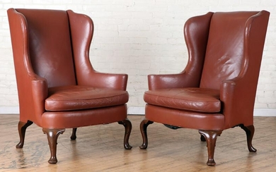 PAIR CUSTOM QUEEN ANNE STYLE LEATHER WING CHAIRS