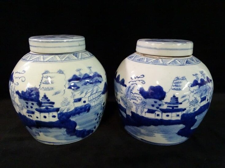 PAIR OF COVERED GINGER JARS, ORIENTAL BLUE & WHITE SCENIC DECORATION 8 3/4" TALL