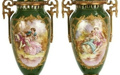 PAIR OF FRENCH PORCELAIN URNS with ORMOLU MOUNTS