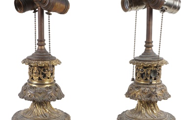 PAIR OF ROCOCO STYLE GILT-BRASS MOUNTED PORCELAIN OIL LAMPS, LATE 19TH CENTURY Height to the finial: 29 3/4 in. (75.6 cm.)
