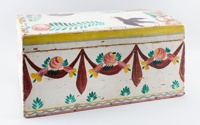 PINE TRUNK WITH PETER HUNT-STYLE DECORATION Decorated with birds and flowers on a white ground. Height 12". Width 25". Depth 13".