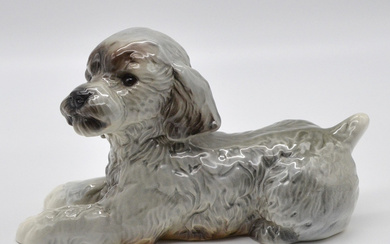 POODLE PUPPY, GÖBEL PORCELAIN FIGURE, GREY AND WHITE, 20TH CENTURY.