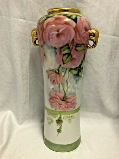 PRETTY HAND PAINTED PORCELAIN VASE WITH ROSES SIGNED