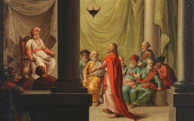 Painter unknown, 18th century: The Sanhedrin trial of Jesus. Unsigned. Oil on canvas. 60×72 cm.