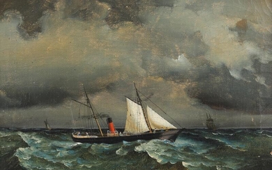 Painter unknown, 19th century Seascape with a steamer. Unsigned. Oil on canvas....
