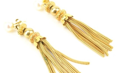 Pair 14kt Gold Pearl & Tassel Pendant Earrings