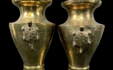 Pair Chinese Brass Urns, Applied Turtle Decoration