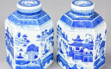 Pair Chinese Canton Blue & White Porcelain Caddies
