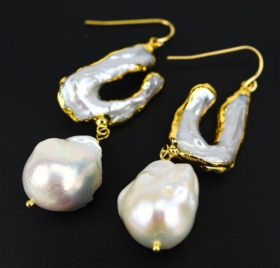 Pair Cultured Pearl & Blister Pearl Gold Earrings