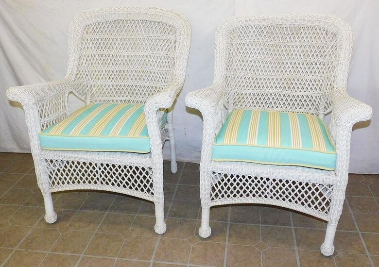 Pair Faux Wicker Arm Chairs