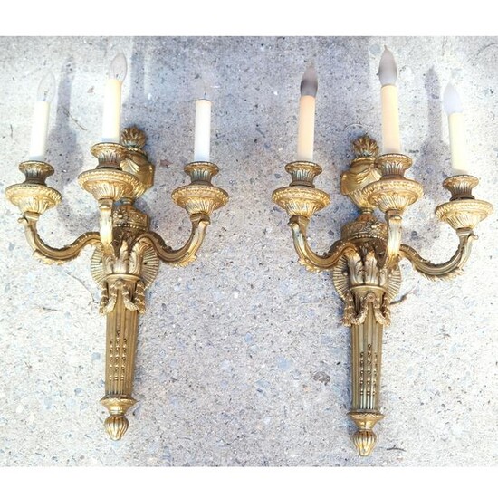 Pair French Bronze 3-Arm Wall Sconces
