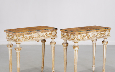 Pair Italian Neoclassical marble-top pier tables