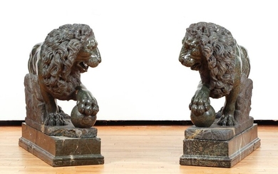 Pair Large Carved Stone Medici Lions