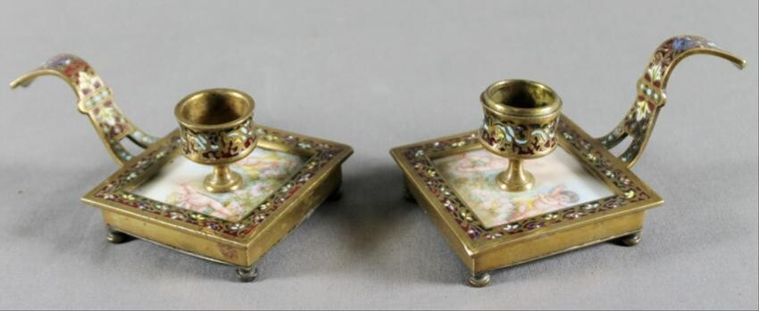 Pair Of French Champleve And Enamel Candleholders