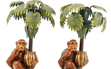Pair Of Tropical Tole Monkey & Palm Tree Candle Holders