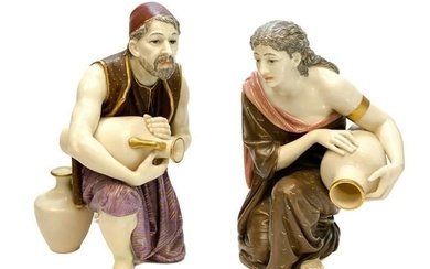 Pair Royal Worcester Porcelain Figurines, Man and Woman with Water Jars, 1880