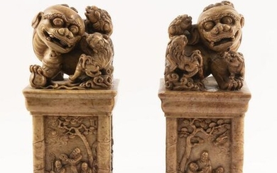 Pair of Antique Chinese Soapstone Foo Dogs Height: 9