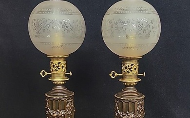 Pair of Brass Gilt and Patinated Metal Early Carcel Oil Lamps now electrified. Invented by Bernard