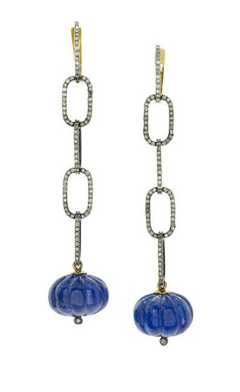 Pair of Carved Tanzanite and Diamond Earrings