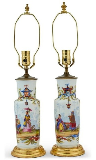 Pair of Chinoiserie Decorated Opaline Glass Vases Mounted as Lamps