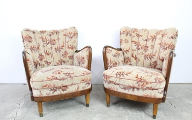 Pair of Danish Tan & Red Floral Upholstered Armchairs