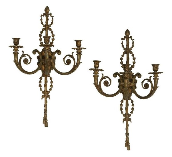 Pair of French Bronze Three-Light Sconces