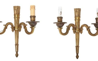 Pair of French Louis XVI Style Two Light Wall Sconces, 20th c., H.- 12 in., W.- 11 1/2 in., D.- 4