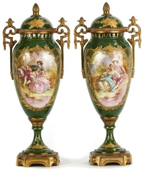 Pair of French Porcelain Urns With Ormolu Mounts