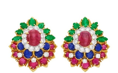 Pair of Gold, Cabochon Ruby, Gem-Set and Diamond Earclips