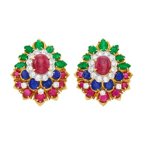 Pair of Gold, Cabochon Ruby, Gem-Set and Diamond Earclips