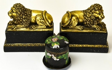 Pair of Gold Lion Books Ends & Two Cloisonne Items