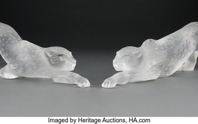 Pair of Lalique Clear and Frosted Glass Zelia Panthers (post-1945)