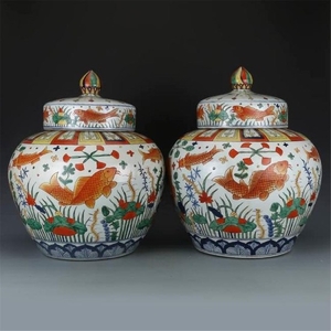 Pair of Large Chinese Wucai Porcelain Ginger Jars
