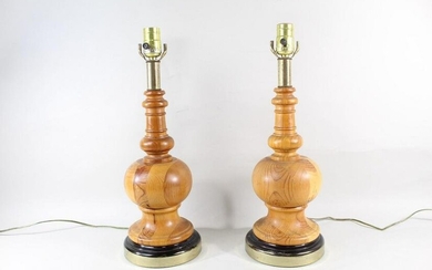 Pair of Modern Turned Wood Lamps,Mid Century Modern,2