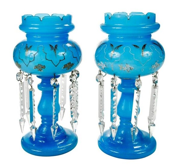 Pair of Opalescent Blue Glass Lustres
